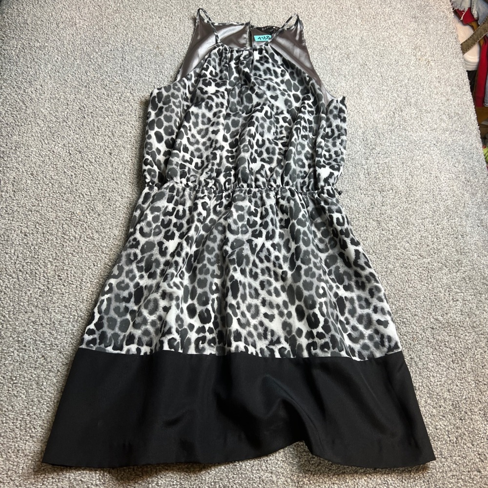 EXPRESS dress womens large black Leopard Print‎ Halter Neck fit flare mini party